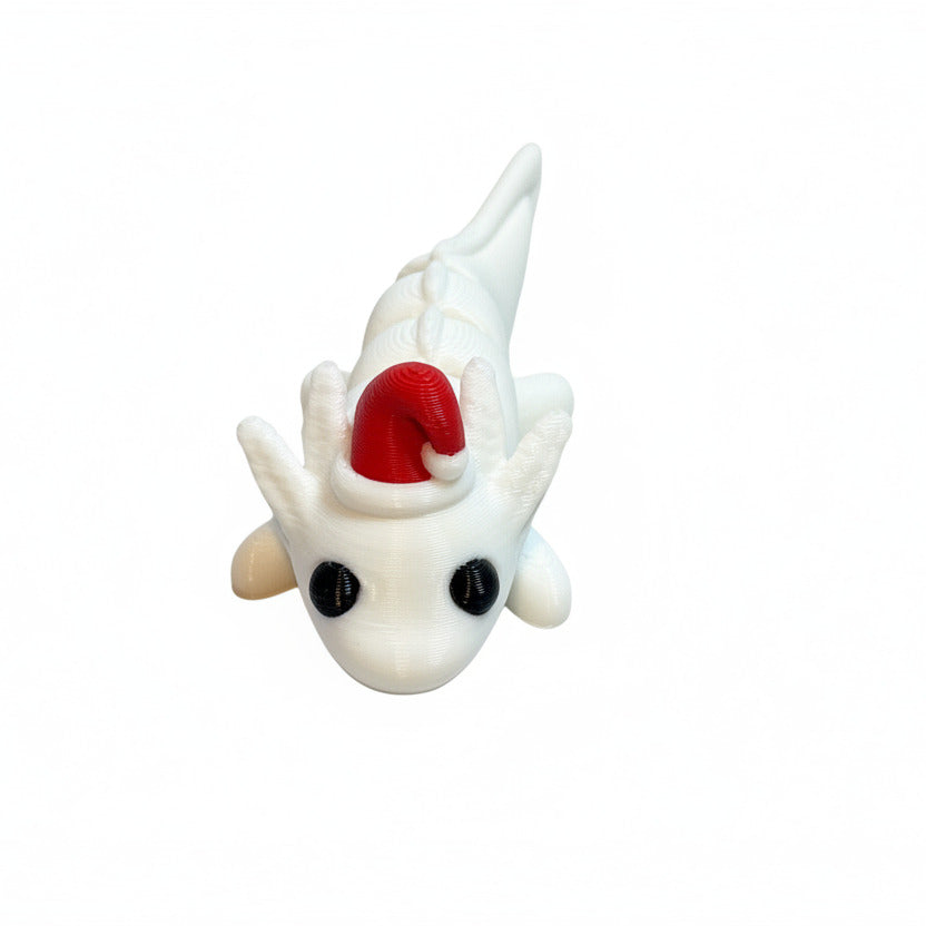 Santa Hat Axolotl (White) • Mini 3D Printed Articulated Animal • Flexi Animals • Christmas • Pocket Pets • Pocket Pals • Desk Pets [#6]