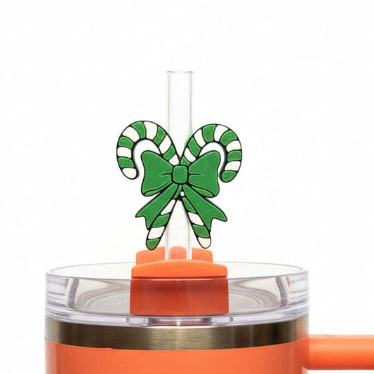 Green Candy Canes with Bow • Christmas • Stanley Straw Buddies – 3D Printed Straw Toppers (Fits Stanley Size Straws Only)