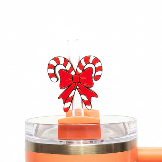 Red Candy Canes with Bow • Christmas • Stanley Straw Buddies – 3D Printed Straw Toppers (Fits Stanley Size Straws Only)