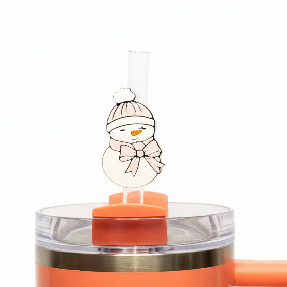 Snowman with Pink Scarf • Christmas • Stanley Straw Buddies – 3D Printed Straw Toppers (Fits Stanley Size Straws Only)