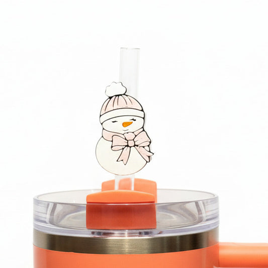 Snowman with Pink Scarf • Christmas • Stanley Straw Buddies – 3D Printed Straw Toppers (Fits Stanley Size Straws Only)