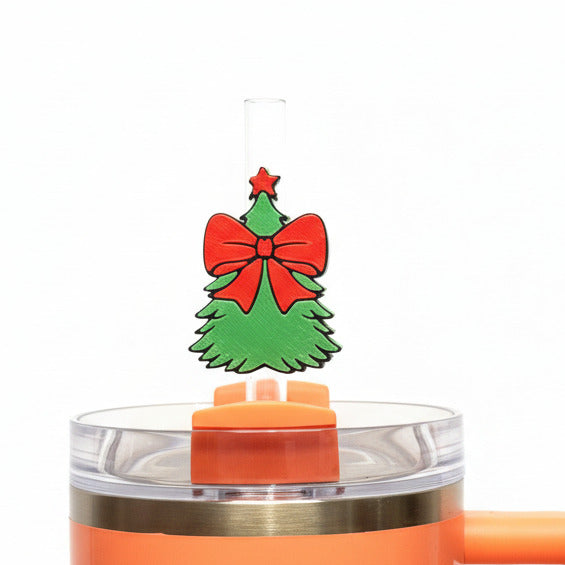 Christmas Tree with Red Bow • Christmas • Stanley Straw Buddies – 3D Printed Straw Toppers (Fits Stanley Size Straws Only)
