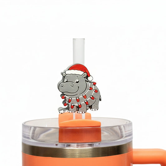 Hippo with Christmas Lights • Christmas • Stanley Straw Buddies – 3D Printed Straw Toppers (Fits Stanley Size Straws Only)