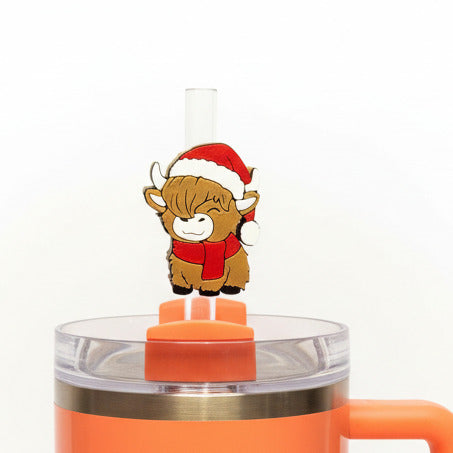 Highland Cow with Scarf and Hat • Christmas • Stanley Straw Buddies – 3D Printed Straw Toppers (Fits Stanley Size Straws Only)