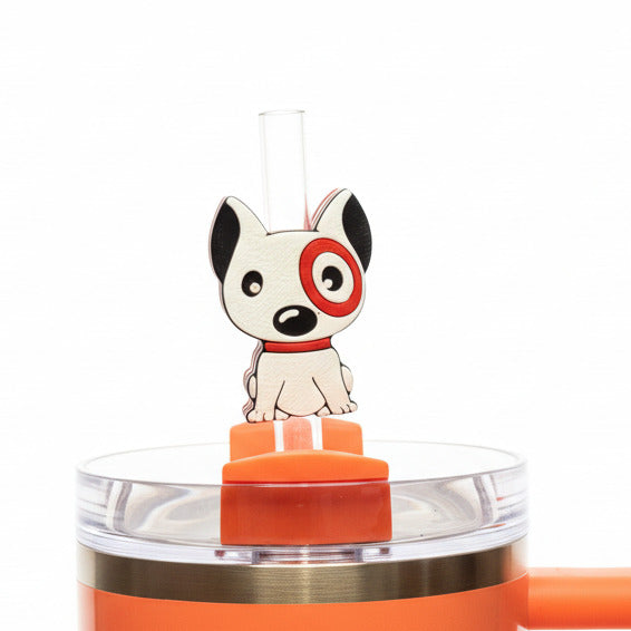 White Dog with Bullseye • Stanley Straw Buddies – 3D Printed Straw Toppers (Fits Stanley Size Straws Only)