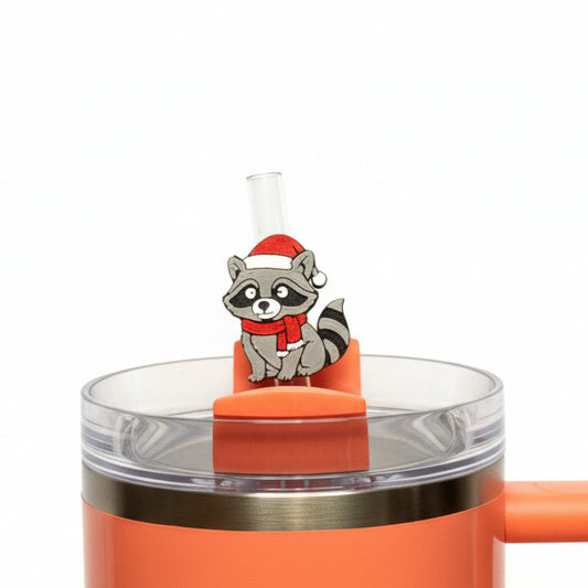Racoon with Scarf and Santa Hat • Christmas • Stanley Straw Buddies – 3D Printed Straw Toppers (Fits Stanley Size Straws Only)